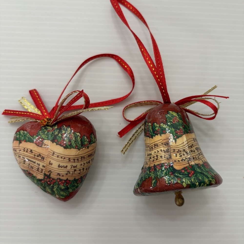 Vintage Decoupage Christmas Ornament Set Of 2 Bell & Heart Holiday Music Holly
